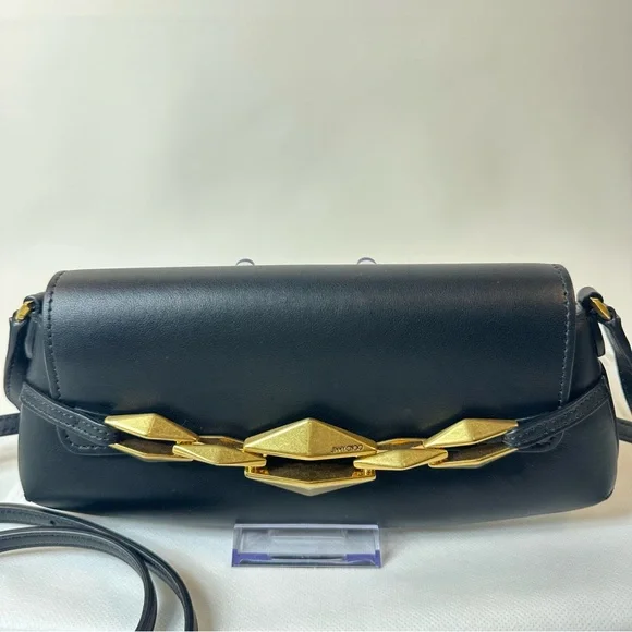 NEW JIMMY CHOO EAST WEST LEATHER SHOULDER BAG BLACK GOLD - Picture 3 of 16